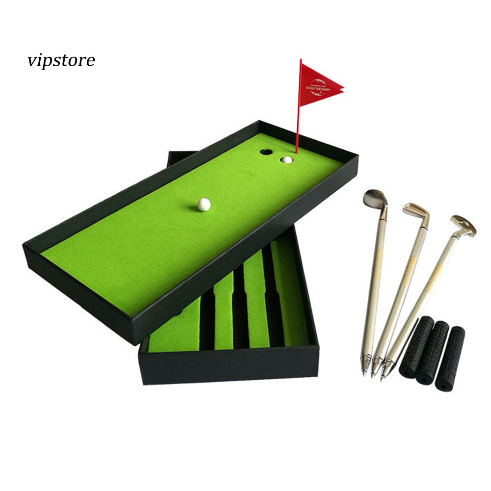 Mini Course Desktop Golf Club Ball Putting Green Flag Ballpoint Pen Set