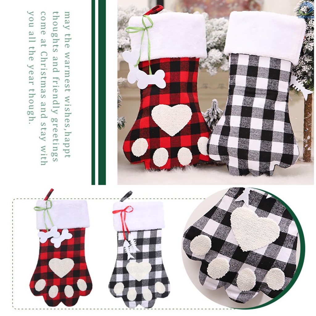 【FLY】Christmas Stockings Red and Black Plaid Dog Paw Stocking Hanging Christmas Tree Gift Bag Candy Bag Christmas Tree Decoration Accessories