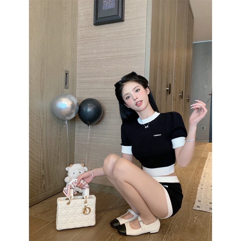 Cocory vn Bộ Áo Dệt Kim Ngắn Tay + Quần Short Lưng Cao Dáng Ôm Thời Trang Quyến Rũ Cho Nữ