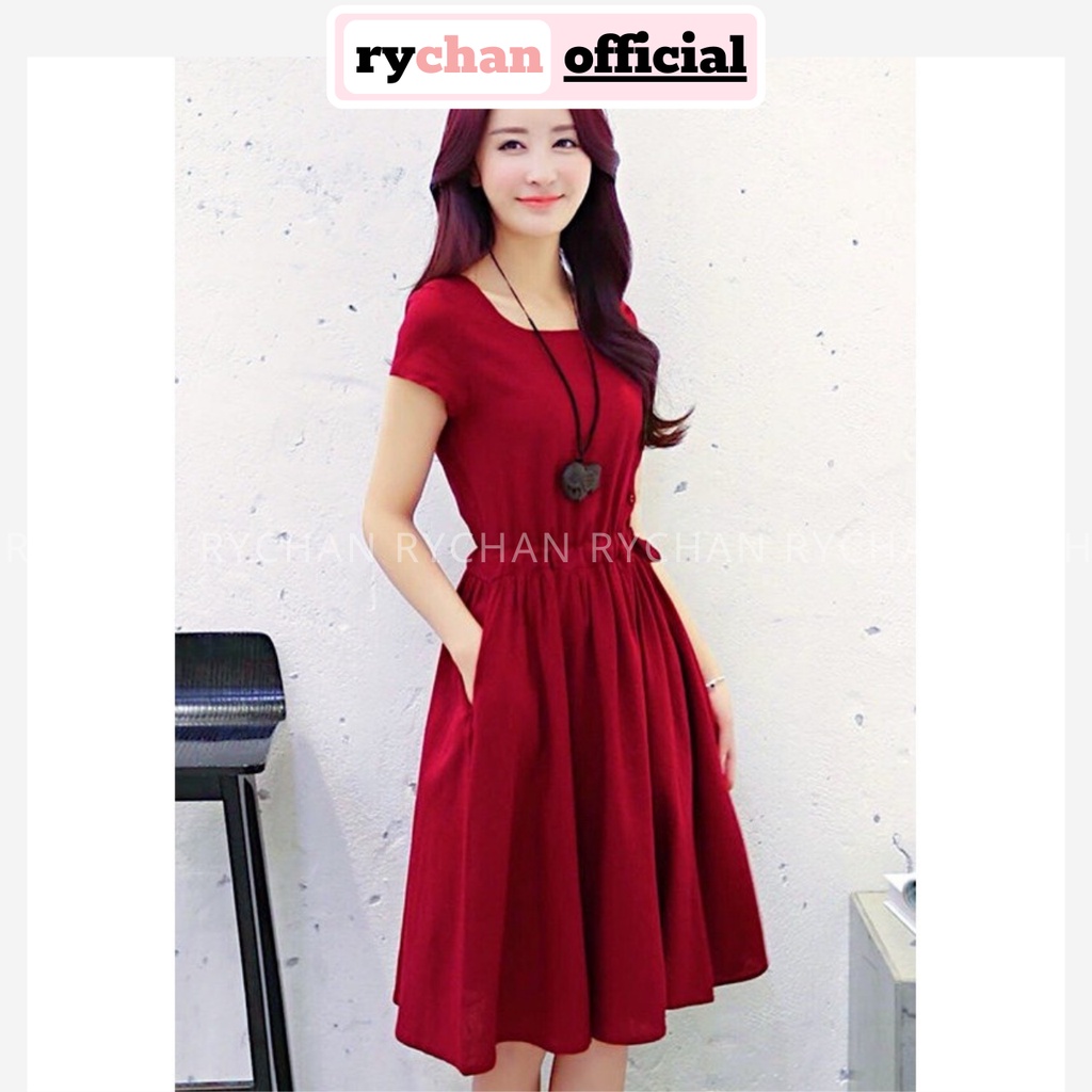 Đầm Nữ Đi Chơi Form Ngắn Xòe Cổ Thuyền Rút Eo Có Túi Màu Đỏ Xanh - DX9790