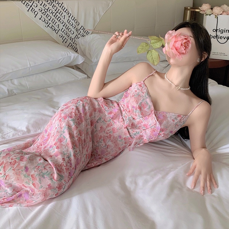 Đầm hai dây hoa hồng  khí chất pháp phong cách nhẹ nhàng quyến rũ thời trang nữ mùa hè hebe's MSP C47P