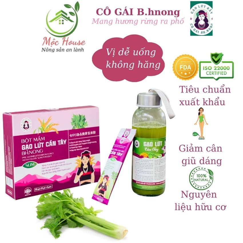 Bột mầm gạo lứt cần tây sấy lạnh Đà lạt Bhnong hộp 15gói, tiêu chuẩn xuất khẩu giảm cân duy trì vóc dáng, detox cơ thể