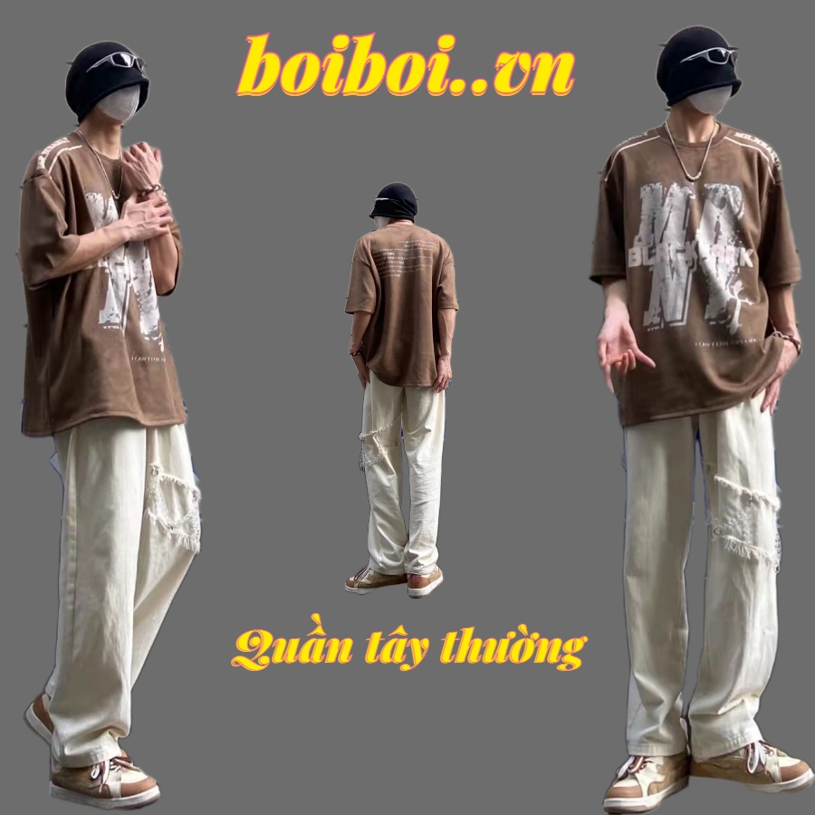 Quần thể nam xích thao ống rộng oversize vải denim màu trơn phối rách phong cách hàn quốc thời trang cho quần jean ống rộng xu hướng nam