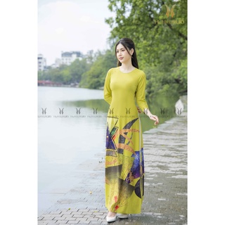 Áo dài lụa vàng chanh họa tiết hình khối - Thời trang nữ H&H Luxury