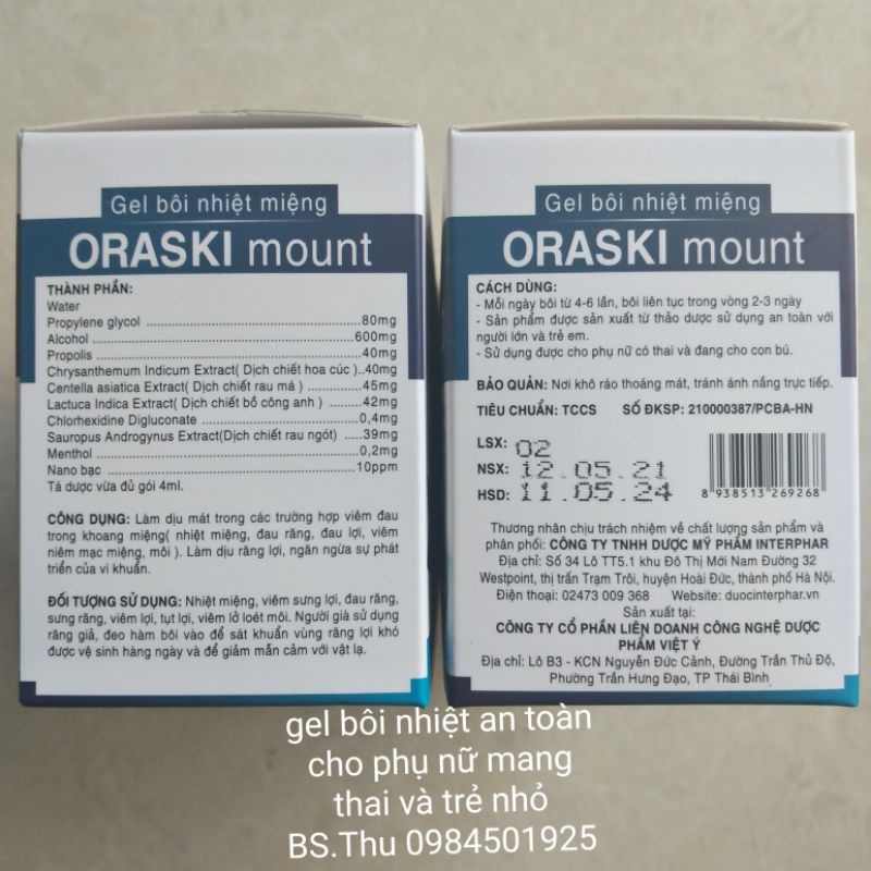 GEL bôi nhiệt miệng ORASKI MOUNT chiết xuất từ thảo dược tự nhiên, an toàn cho mẹ bầu và trẻ nhỏ, giá 1 gói