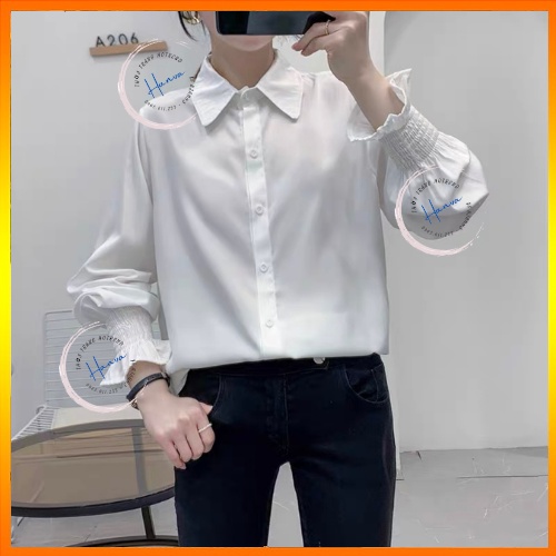Áo Sơ Mi Nữ Dáng Dài Form Rộng Tay Bèo Bo Chun Cách Điệu Chất Đũi Xước Hanva