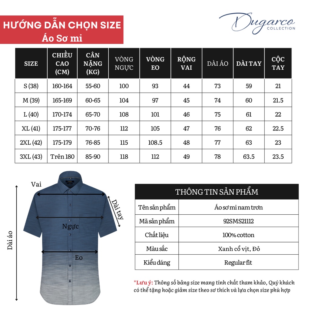 Áo sơ mi DUGARCO nam tay ngắn dáng Regular fit, chất liệu cotton cao cấp 92SMS21112