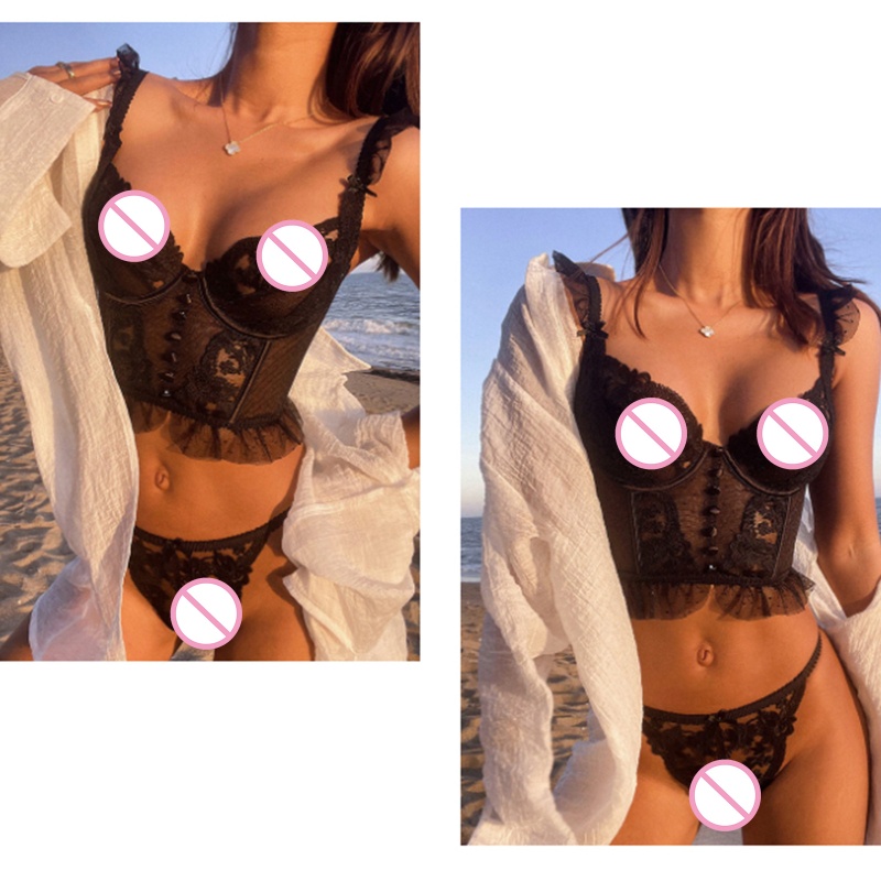Set Đồ Lót 2 Mảnh Phối Ren Hoa Xuyên Thấu Phong Cách Pháp Quyến Rũ Dành Cho Nữ