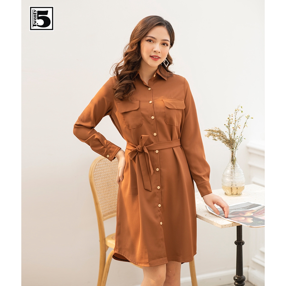 Đầm sơ mi cổ đức 2 túi dây buộc eo Twentyfive T223