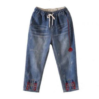 [SẴN] Quần jean baggy xước thêu hoa