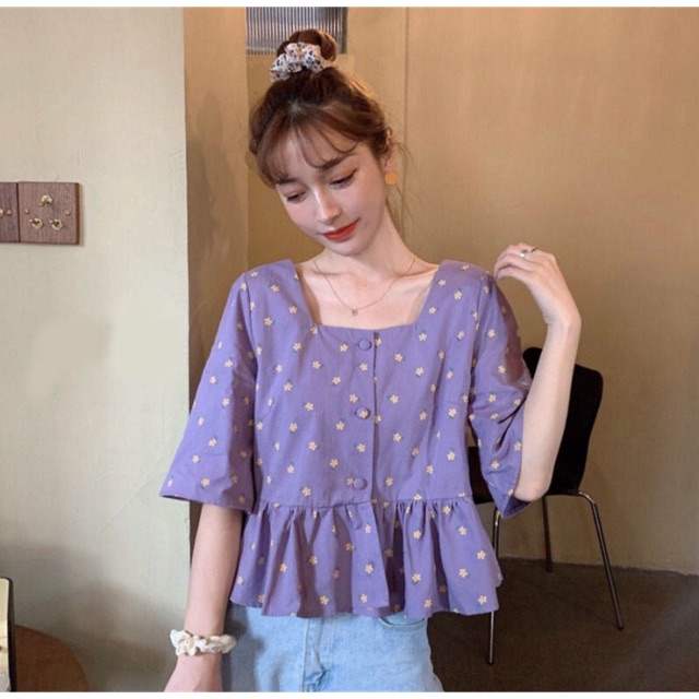 Áo Babydoll Cổ Vuông Hoa Nhí Hàn Quốc Ulzzang Màu Tím/Trắng Trendy