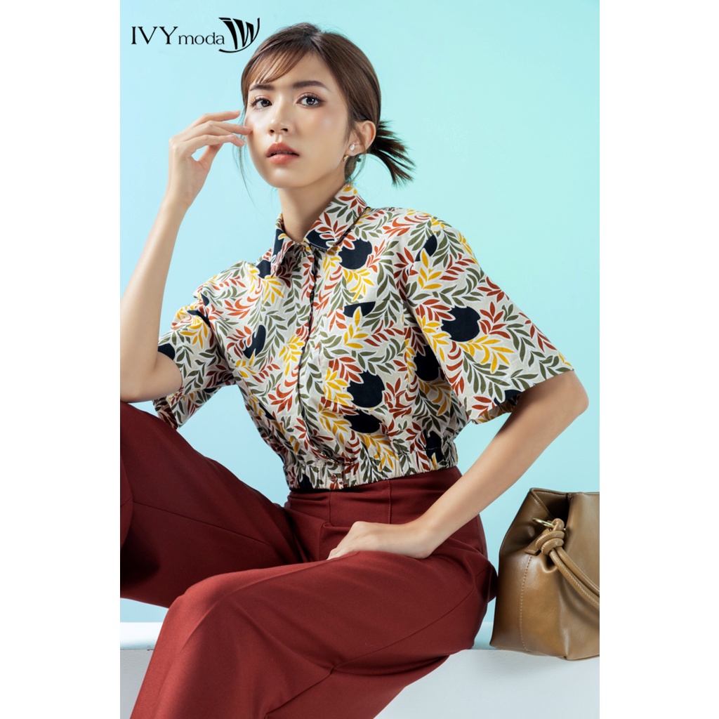 Áo sơ mi croptop nữ bo chun eo IVY moda MS 16M7718