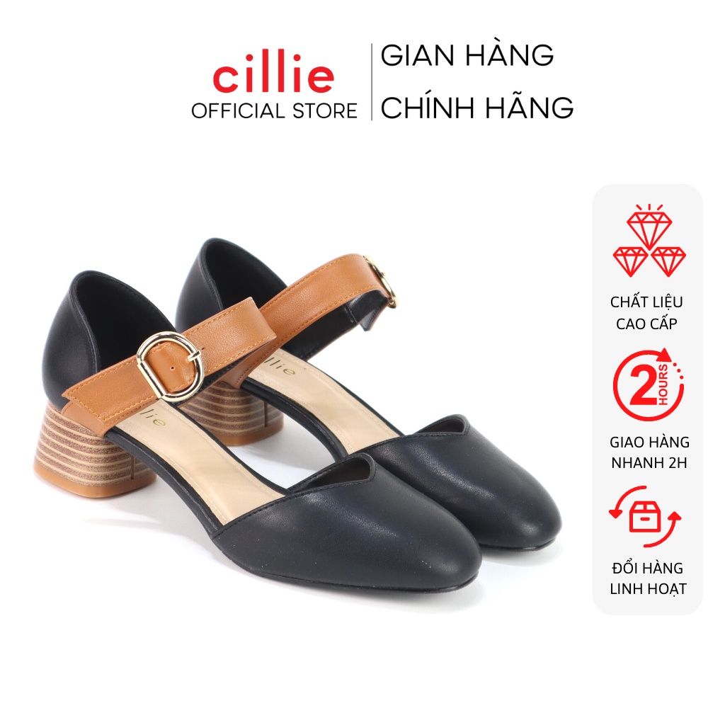 Giày sandal cao gót phối màu mũi tròn cổ điển gót giả gỗ cao 4cm đi chơi dạo phố Cillie 1133