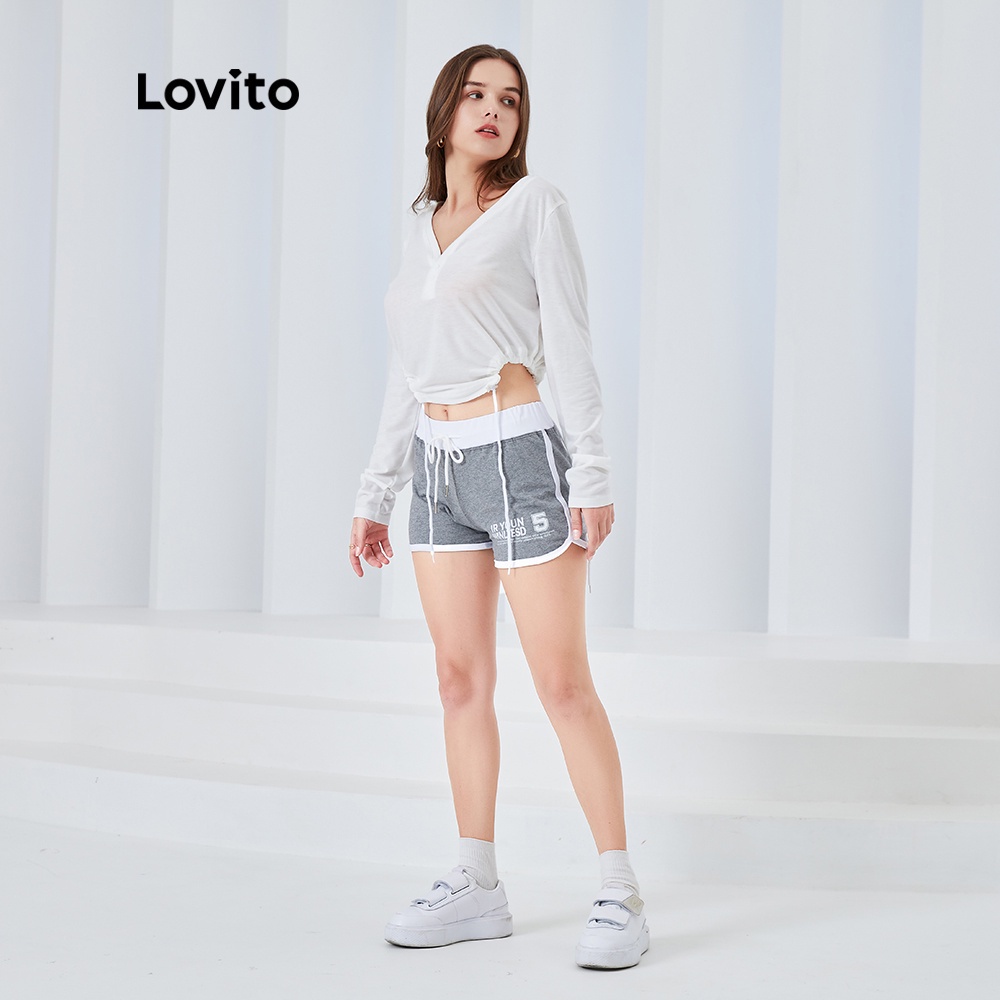 Áo thun Lovito TSLJXP2095 dáng ngắn cổ chữ V màu trắng phối dây rút có nút phía trước thời trang đơn giản