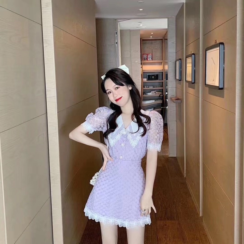[QCCC SẴN] Set áo + chân váy chữ A hoạ tiết hoa nổi phối ren cực xinh .