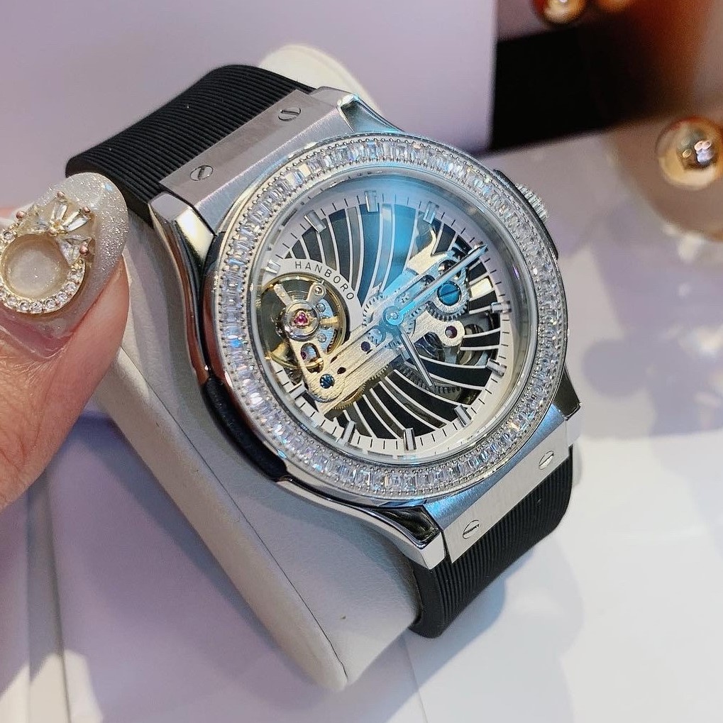 Đồng Hồ Nữ Hanboro Automatic Dây Silicon Đen Silver Authentic 36mm