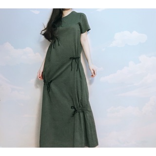 Đầm linen suông dài rút dây kiểu vintage