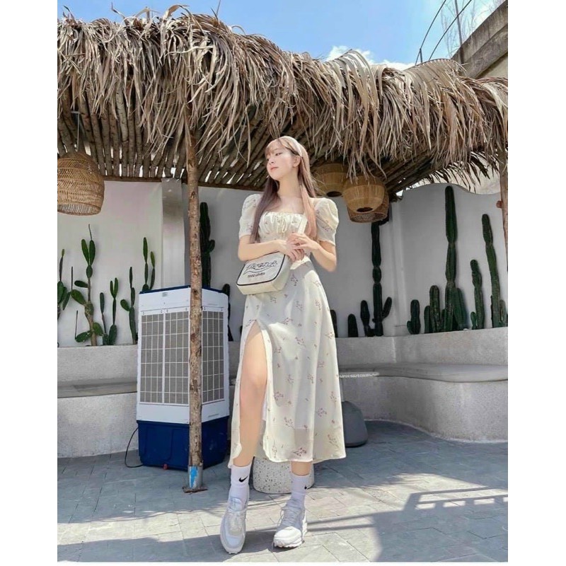Đầm hoa❤️Hình thật❤️Đầm hoa maxi nhún ngực tay phồng | BigBuy360 - bigbuy360.vn