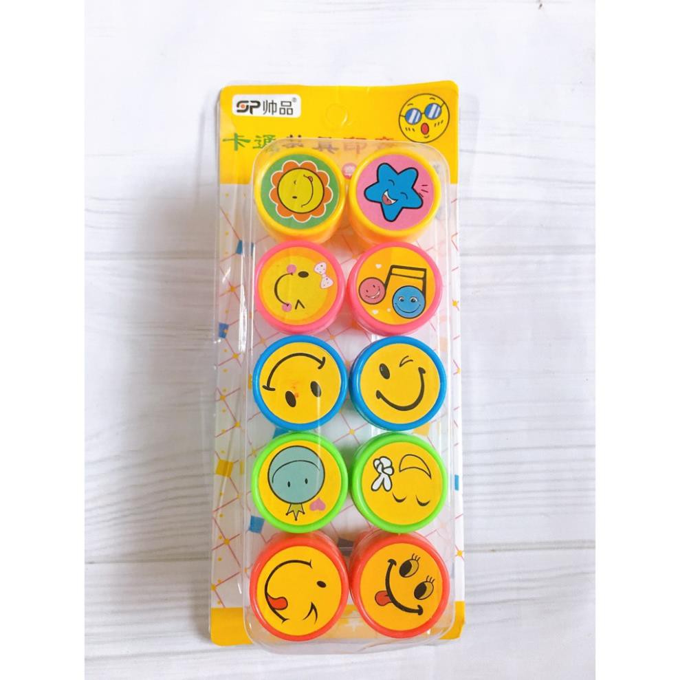 Bộ 10 Con Dấu Lời Khen Thưởng Hình MẶT CƯỜI ICON bằng nhựa mộc sáp đóng dấu stamp cho bé