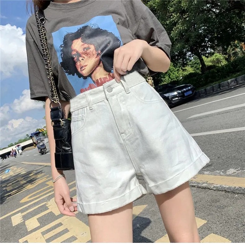 Quần short denim ống rộng lưng cao màu trơn thời trang mùa hè Hàn Quốc cho nữ