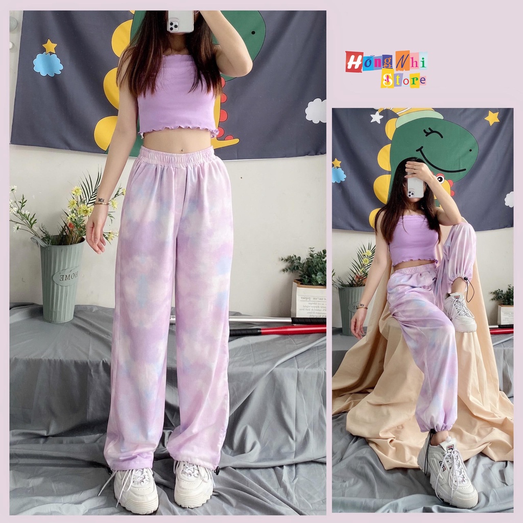 Quần Jogger 3D Ulzzang Unisex Jogger Loang Màu Dây Rút Lai Ống Rộng Màu Tím - MM