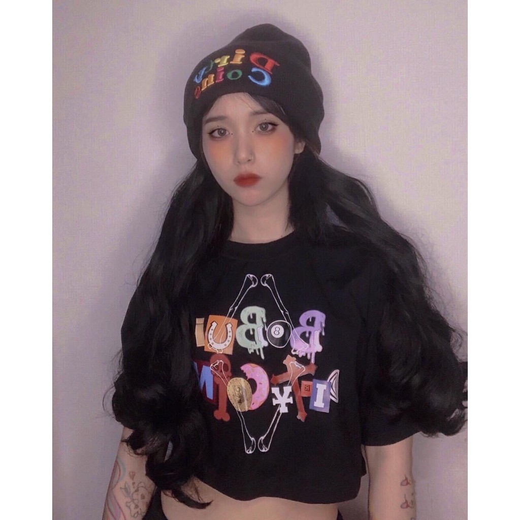 Áo Croptop Nữ BoBui 🦋FREESHIP🦋 Áo Phông Dáng Ngắn Cộc Tay In Chữ Màu Đen