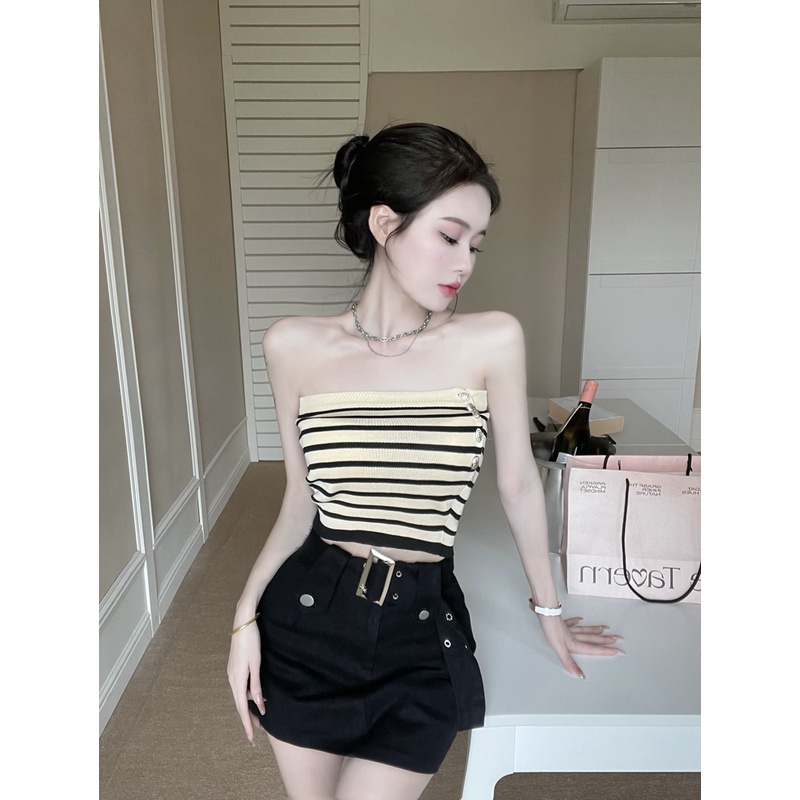 Áo Ống Dệt Kim Họa Tiết Kẻ Sọc Phong Cách Hàn Quốc Thời Trang Quyến Rũ Dành Cho Nữ