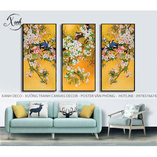 Bộ tranh 3 bức Chim Hoa vàng phú quý trang trí nội thất
