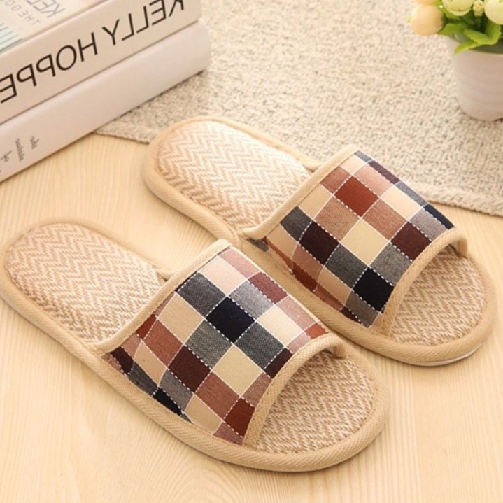 Dép lê nữ nam đi trong nhà phong cách Hàn Quốc, Dép vải kẻ caro đi văn phòng đế xốp siêu nhẹ, siêu êm DU3