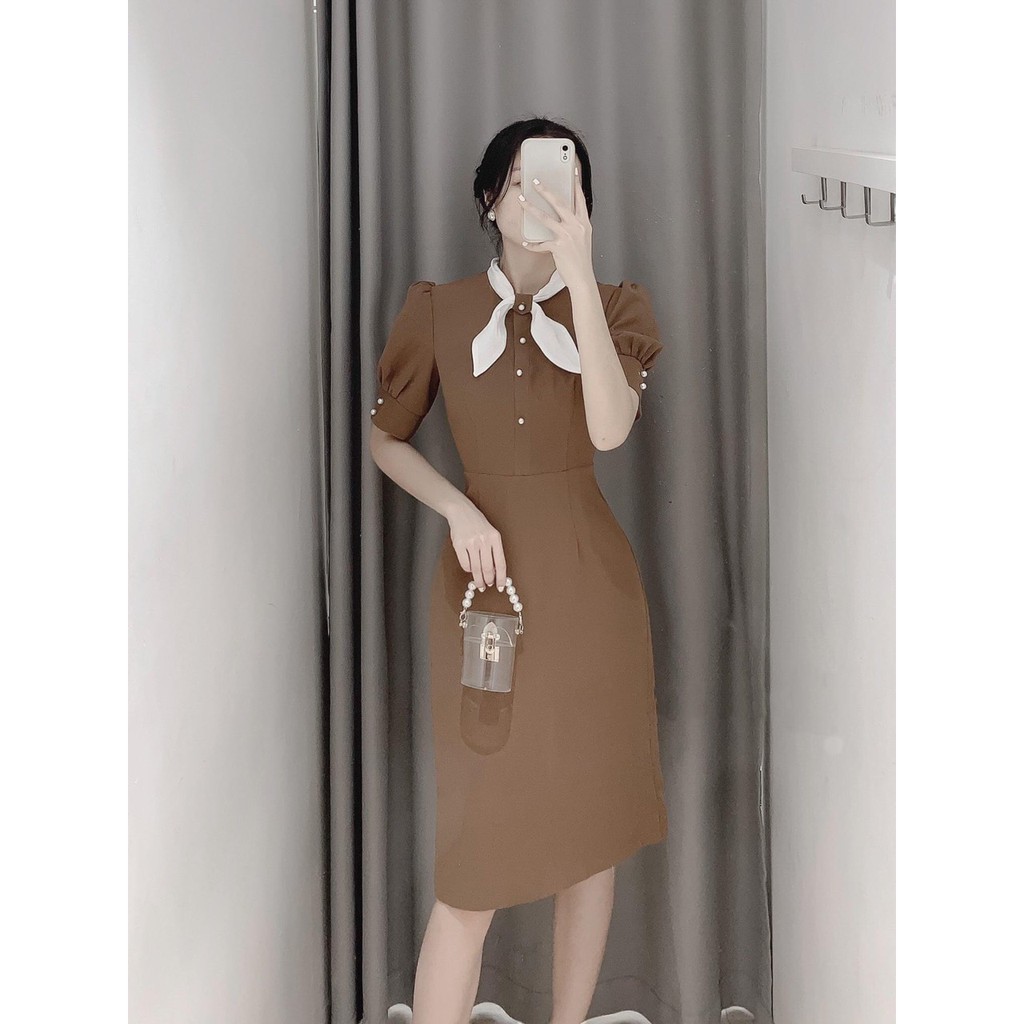 Đầm công sở phối cổ nơ trắng cổ cúc ngọc tay rúm nhẹ | BigBuy360 - bigbuy360.vn