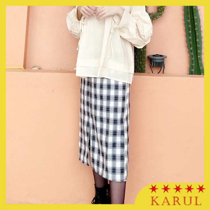 Chân váy dài kẻ xẻ tà 2 lớp , chân váy dài  kẻ dáng dài Hàn Quốc (Ảnh thật mẫu nhà mình tự chụp tự quay)