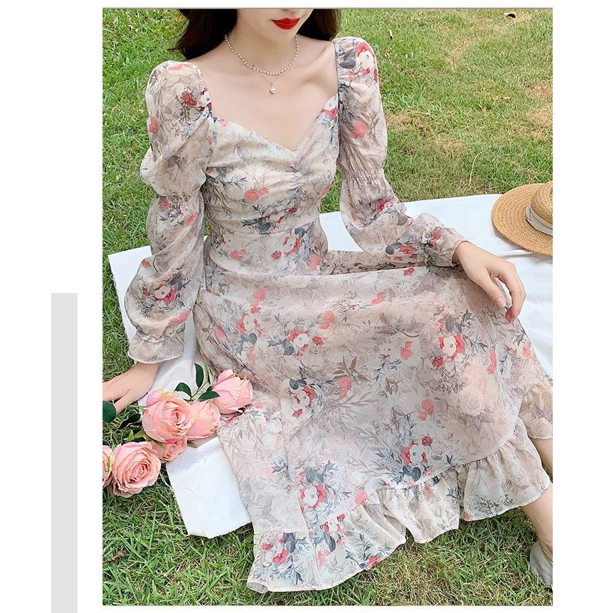 M136 - Váy voan hoa midi Ulzzang cổ V tay dáng dài viền bèo vintage phong cách cổ điển có Bigsize