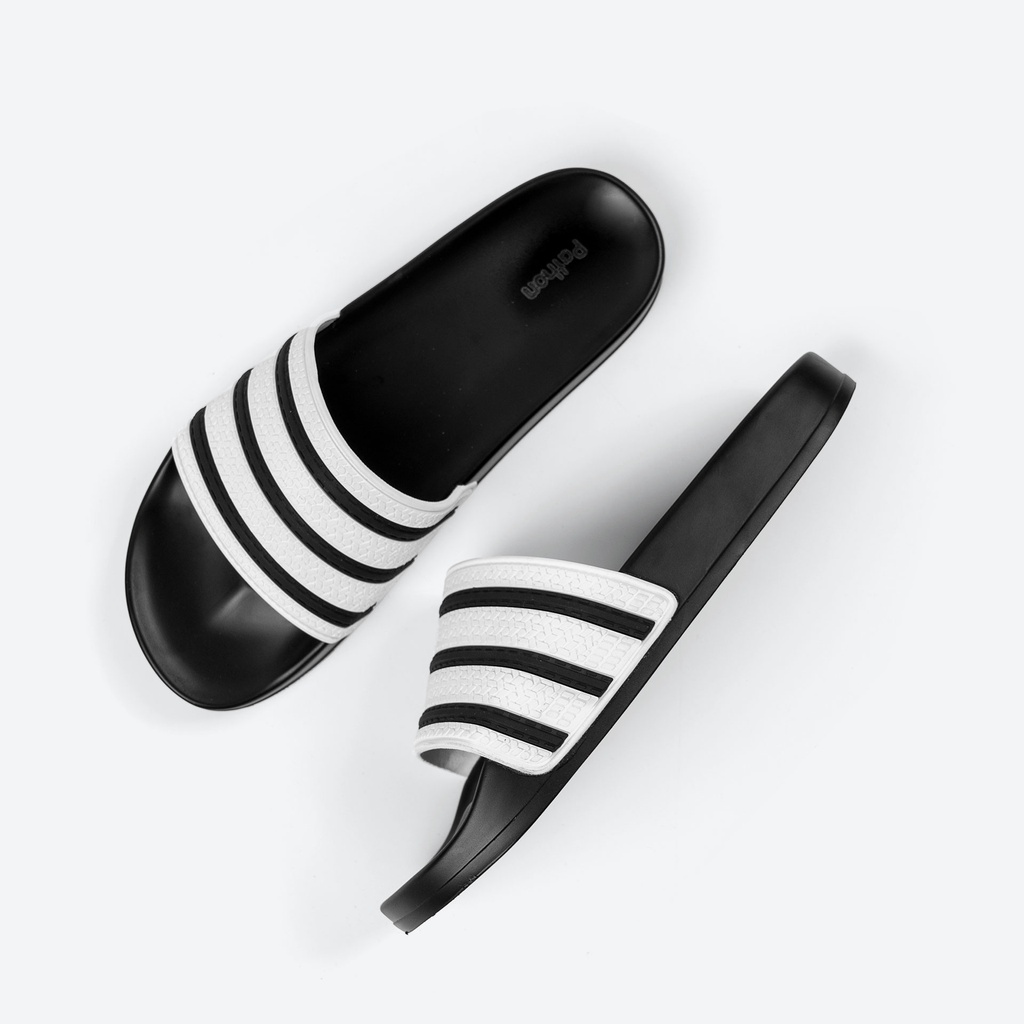 Dép nam nữ quai ngang slipper Pathon quai PVC và đế PU đen quai sọc đen trắng SD38