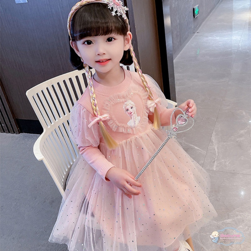 Đầm Công Chúa Tay Dài Phối Lưới In Họa Tiết Hoạt Hình Dễ Thương Cho Bé Gái