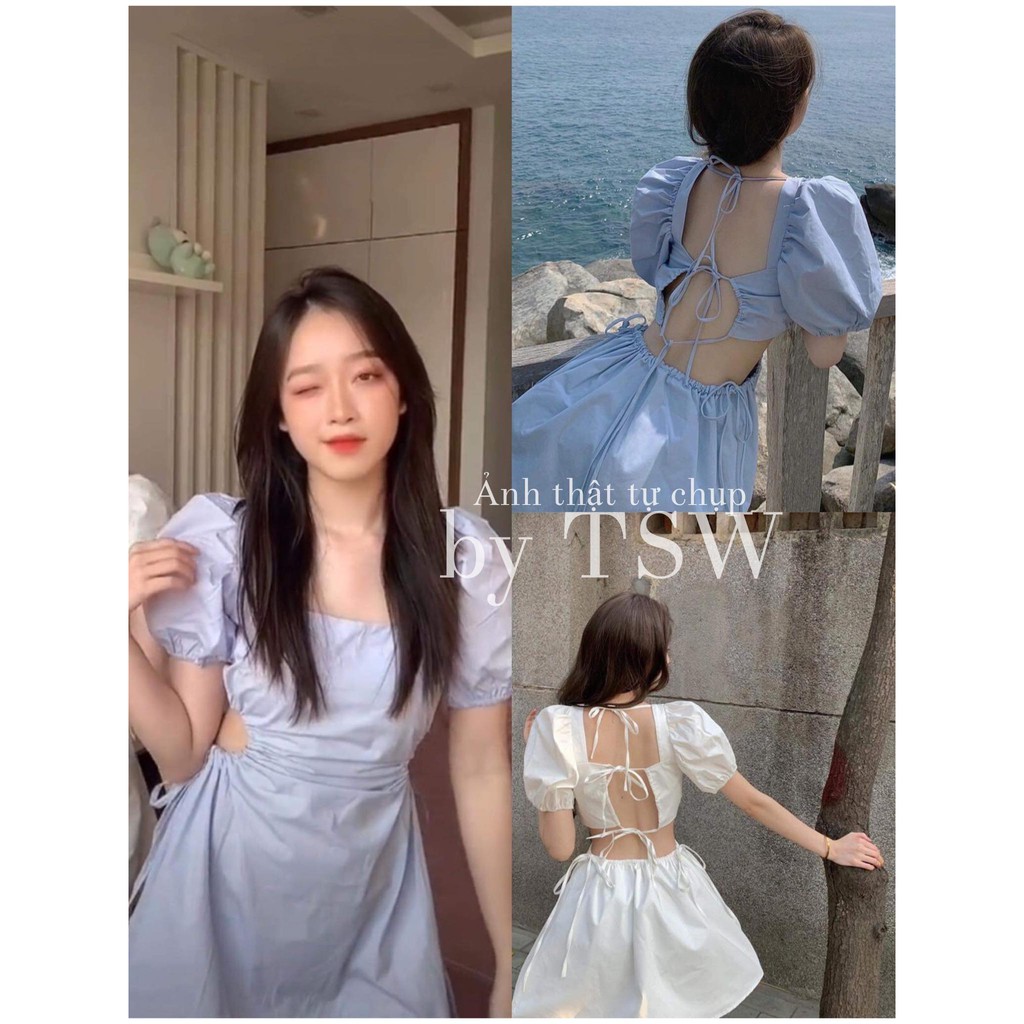 [Mã SKAMA06 giảm 8% tối đa 50K đơn 250K] Váy tay bồng hở lưng khoét eo đan dây lưng (Tặng kèm dán ngực)