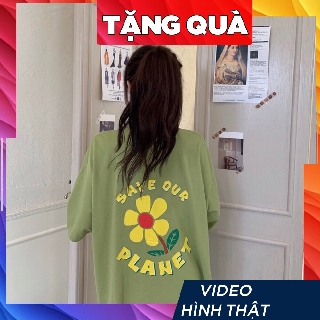 Áo thun tay lỡ nữ freesize phông form rộng dáng Unisex, mặc cặp, nhóm, lớp in hình bông hoa vàng SAVE OUR - PLANET
