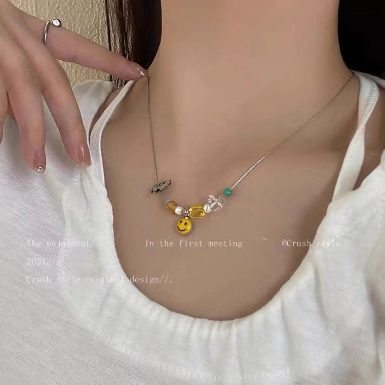 Dây chuyền hình mặt cười phối màu phong cách retro Hàn Quốc độc đáo
