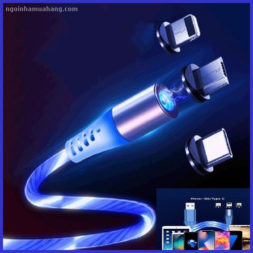 Cáp sạc từ hút nam châm đầu micro usb, type C và Lightning dây dù có led