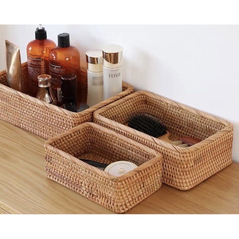 Khay mây tre đan chữ nhật đựng đồ đa năng hàng thủ công xuất khẩu derco trang trí