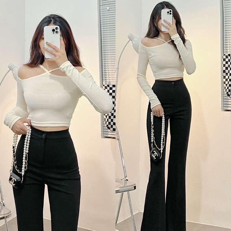 Áo Croptop Khoét Vai Tay Dài Vintage