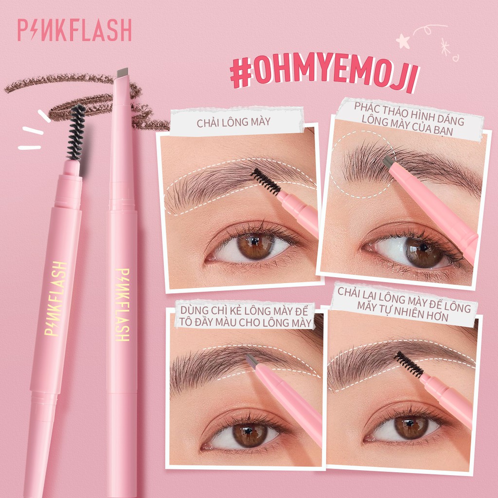 Bút kẻ lông mày PINKFLASH OhMyEmoji dễ tán chống nước giữ màu lên đến 8 tiếng tích hợp đầu cọ chải tiện dụng