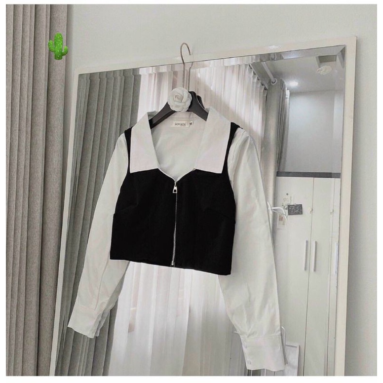 Áo sơ mi phối  trắng đen zip kéo siêu đẹp (B.C)