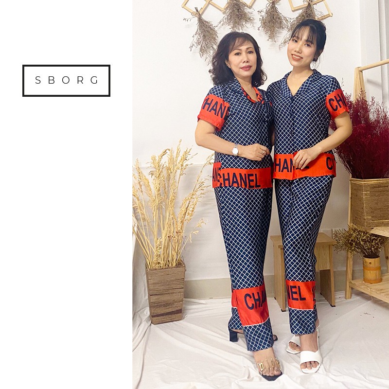 Đồ bộ mặc nhà SBORG bộ pijama lụa satin họa tiết sang trọng tay ngắn quần dài có túi sâu 50-65kg quà tặng mẹ và vợ