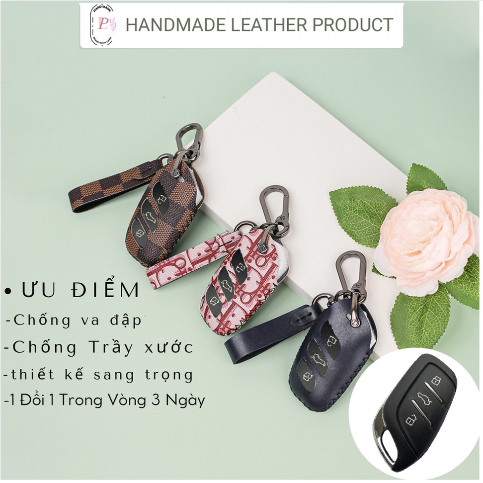 Bao da chìa khóa smartkey xe ô tô MG ZS MG HS MG5 2022 mẫu mới khâu tay móc đen MG