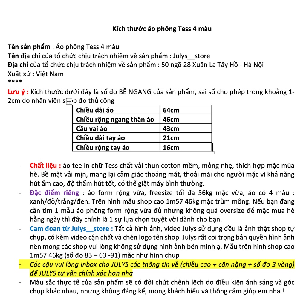 Áo phông Tess 4 màu thun cotton (ảnh thật Julys chụp kèm video)