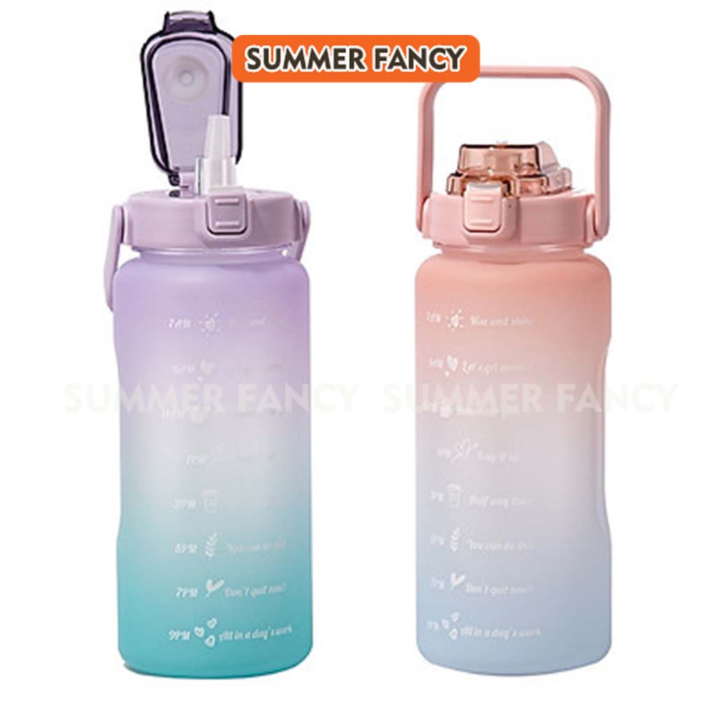 Bình Đựng Nước 2L Cute Có Ống Hút Vạch Báo Giờ Uống Nước  + Tặng sticker