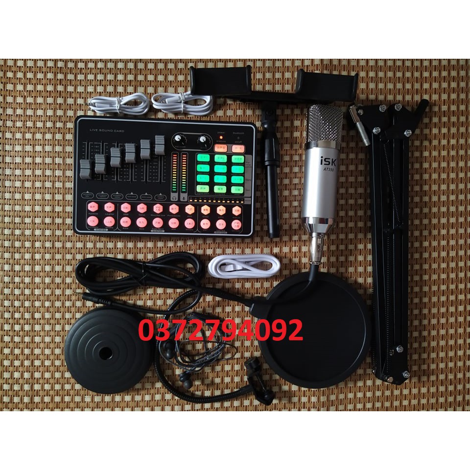 Combo Thu Âm Livestream ISK AT350-Sound Card H9 auto tun kèm chân kẹp, màng lọc âm và Kẹp điện thoai đôi tặng tai nghe
