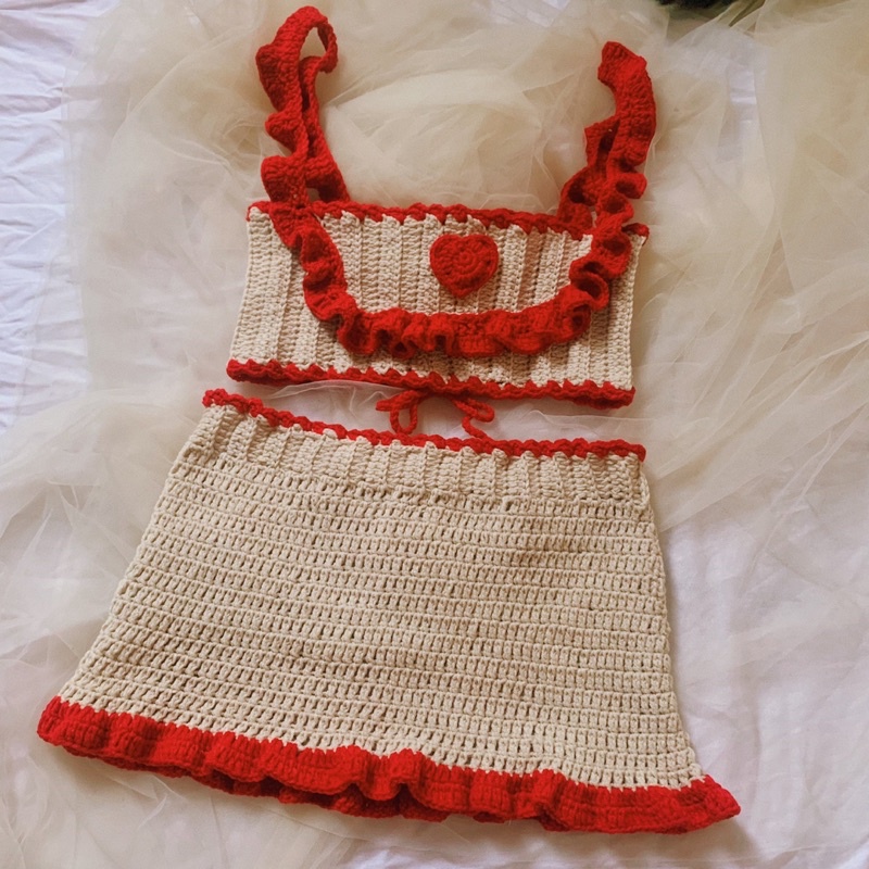 Set Croptop Chân Váy Len Móc - Chân Váy Len - xanhlanhes