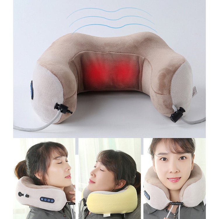 Gối Massage Trị Liệu Vai, Cổ, Gáy Chữ U Thông Minh 3 Chế Độ Dùng Pin Sạc