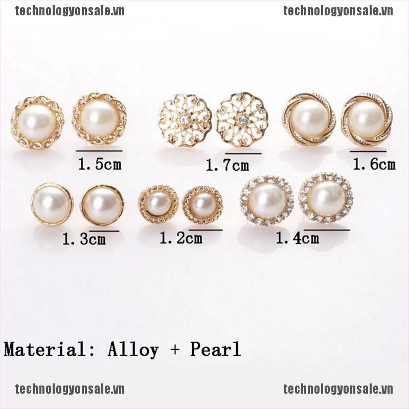 [Tech] 6 Pairs Elegant Crystal Rhinestone Diamond Pearl Sign Ears Tiny Studs Earrings [VN]